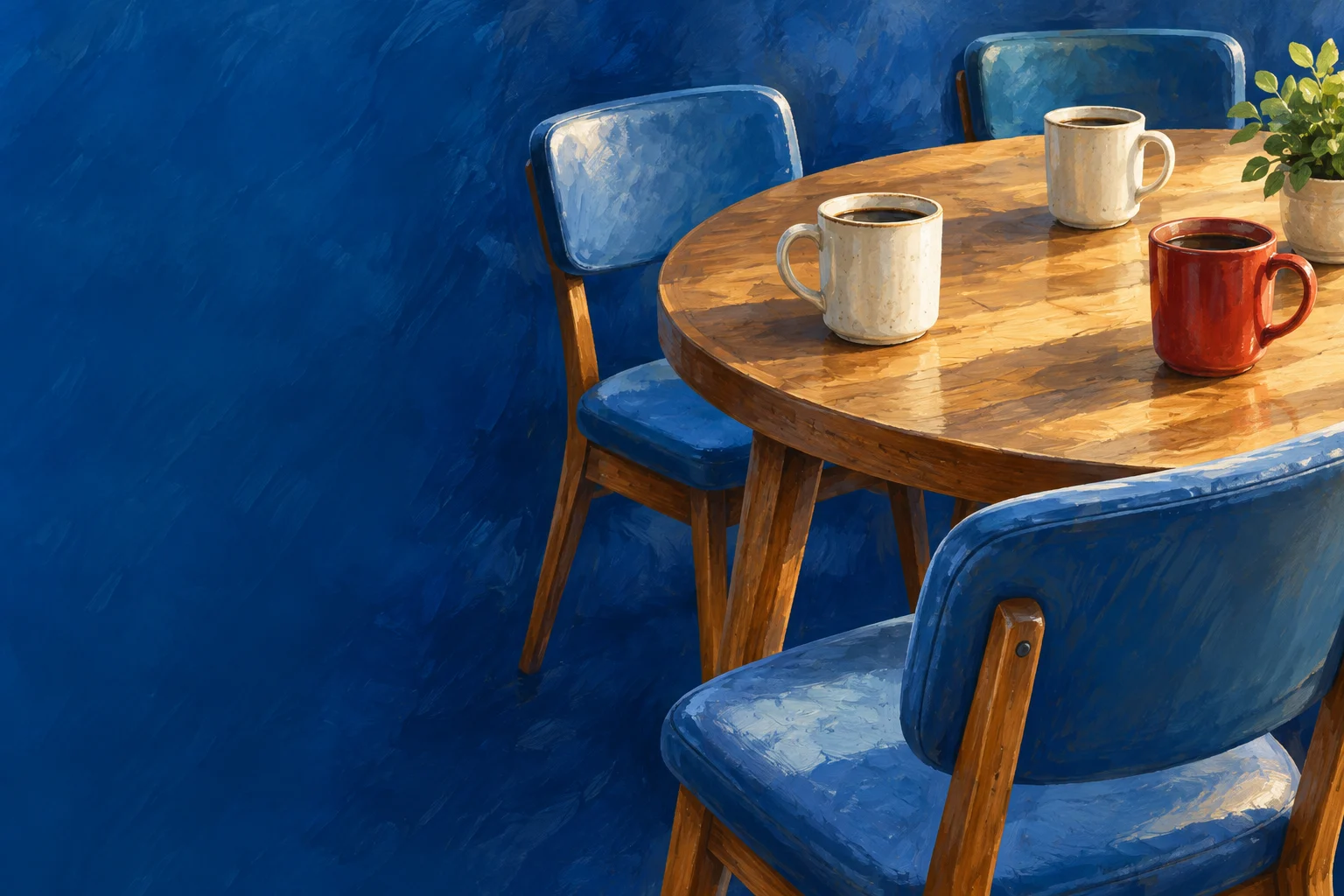 Painted illustration of coffee mugs around a shared table, with a chair pulled out toward you.