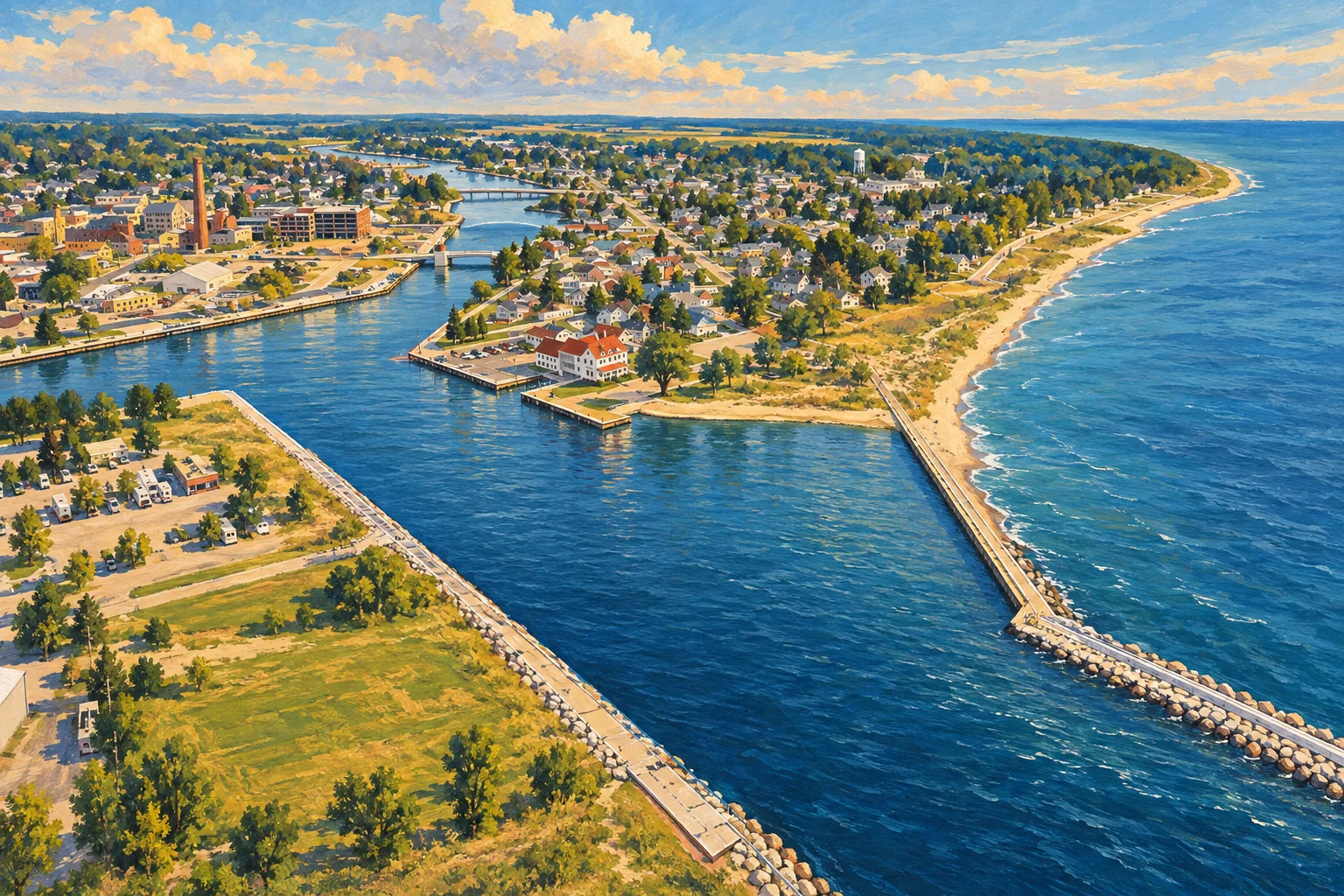 Illustration of Two Rivers harbor, its piers and Lake Michigan shoreline, based on a 2015 photograph.